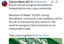 Warbahinta Xorta ah ee Taagera dalka taiwan ay ugu baaqay Uk inay Aqoonsato Somaliland